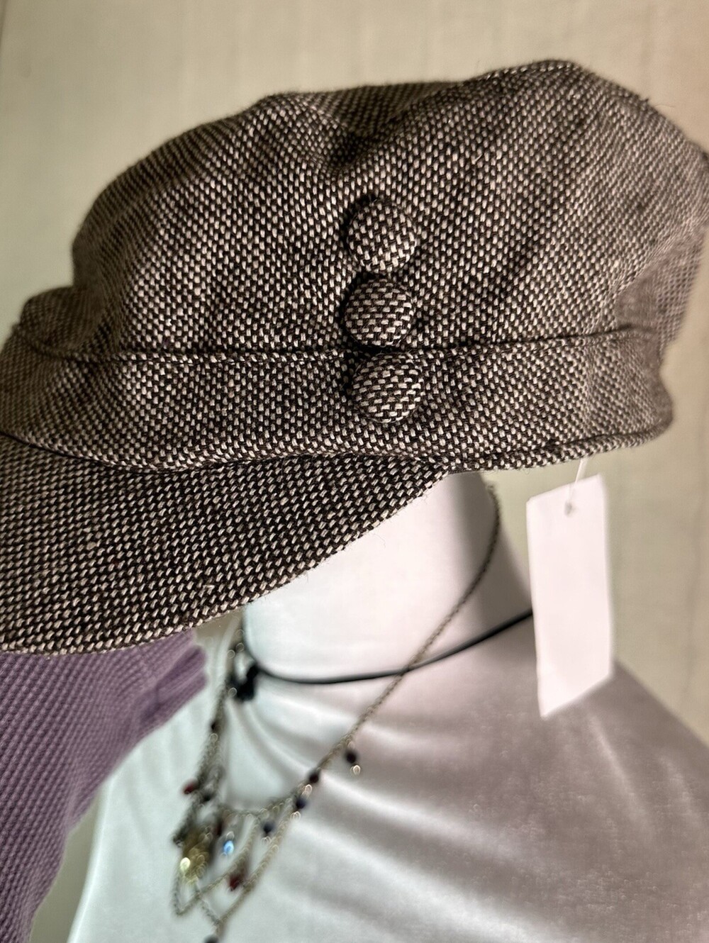 Y2k Tweed Newsboy Cap Cadet Baker Boy Hat Brown/Beige Tweed Fabric Button Detail